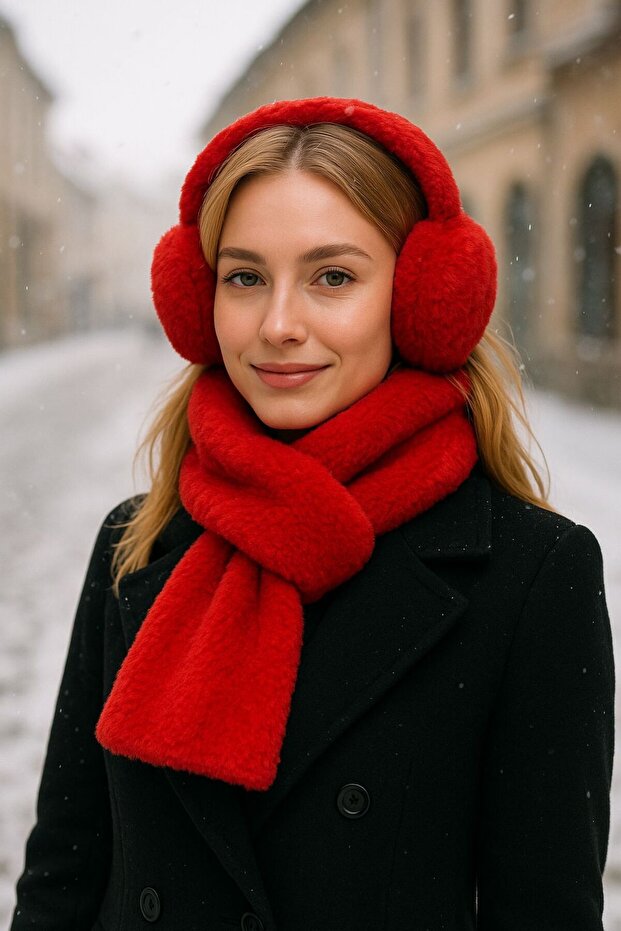 Red Soft Textured Plush Crown Headphones and Neck Scarf Set of 2
