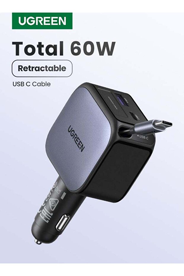 Retractable 60W Car Charger with 0.7m USB-C Cable (2C1A)