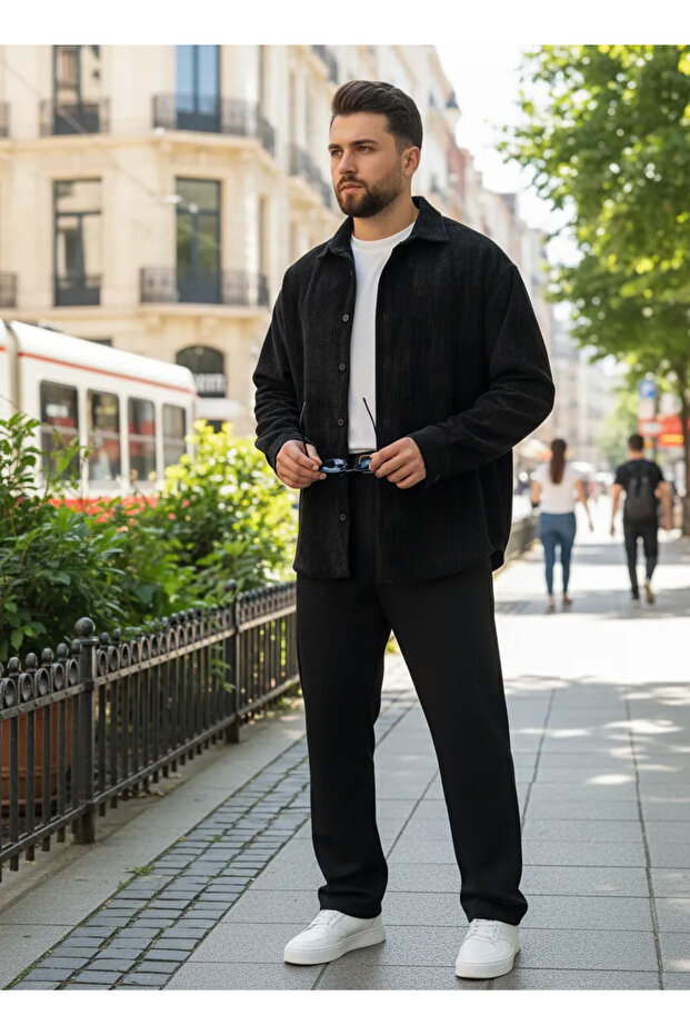 Siyah Oversize Kadife Gömlek - 2