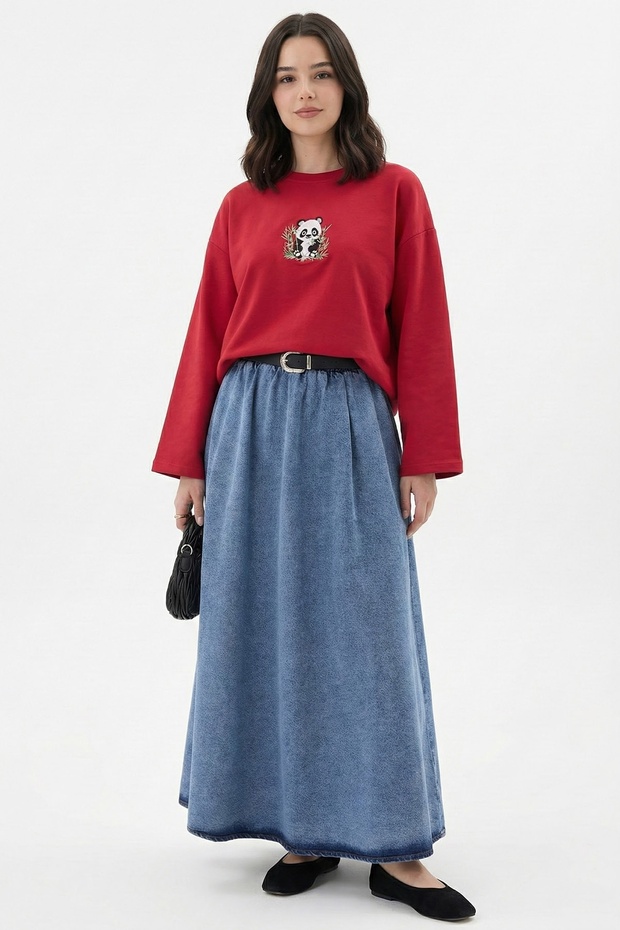 Bambu Panda Nakışlı Oversize Kırmızı Sweat - 2