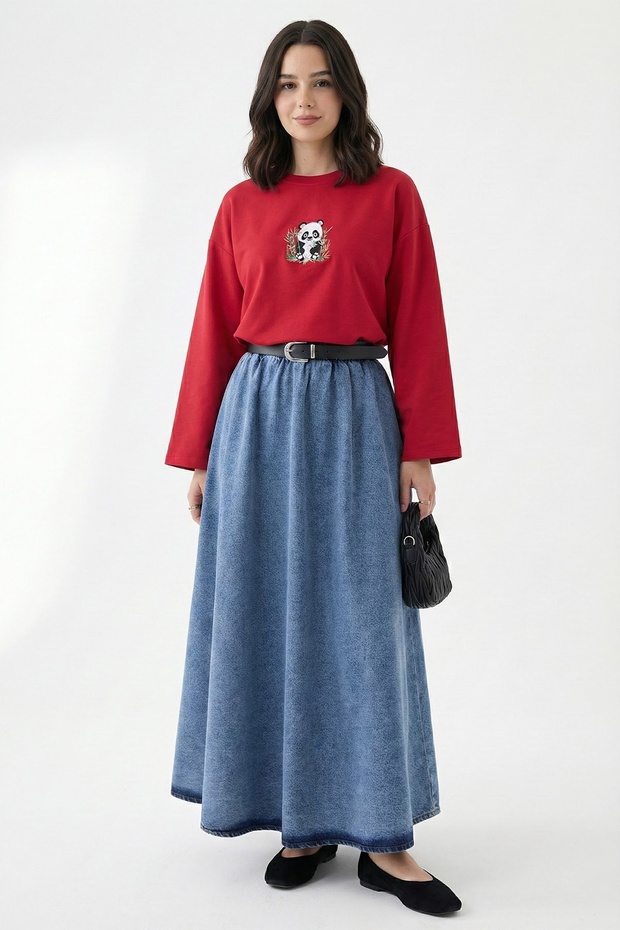 Bambu Panda Nakışlı Oversize Kırmızı Sweat - 5