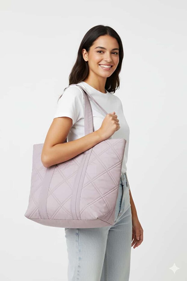 Quilted Large Volume Single Compartment Zippered Handbag and Shoulder Bag Powder Pink