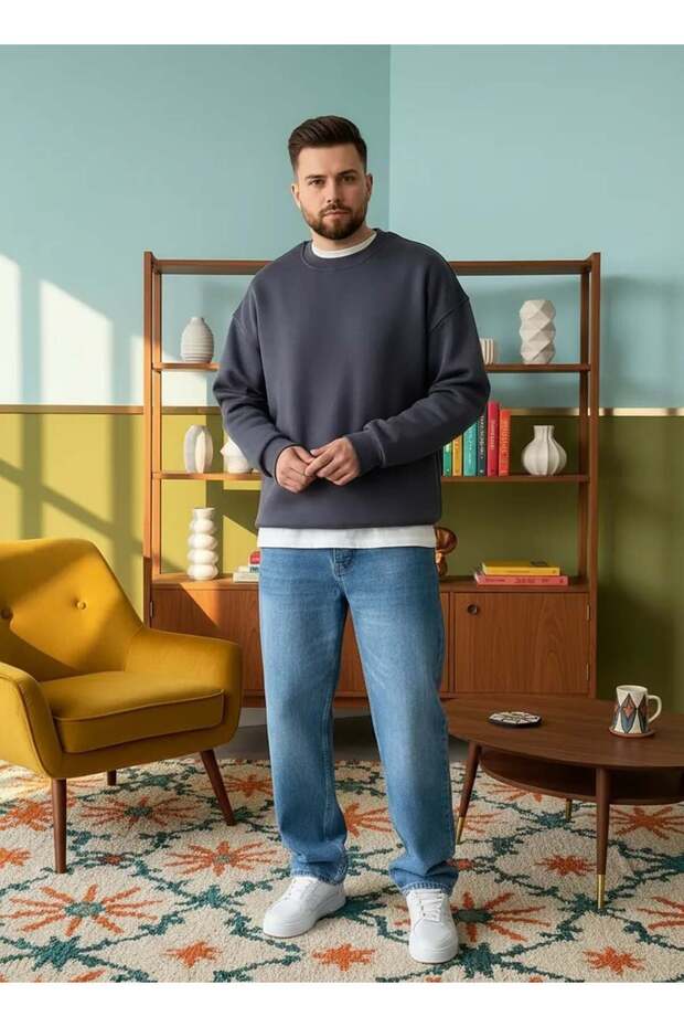 سويت شيرت بيسك أنثراسيت قصة فضفاضة سميك - 3 خيوط مزخرفة - 1