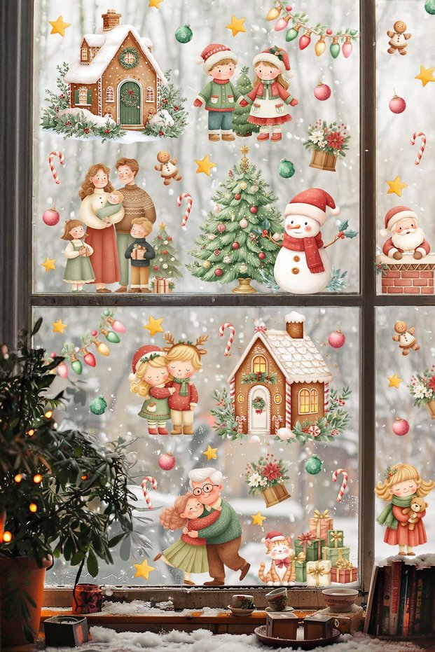 New Year Glass Sticker Set | Large Size Family & Christmas House Themed 80+ Piece Double-Sided Window Ornament