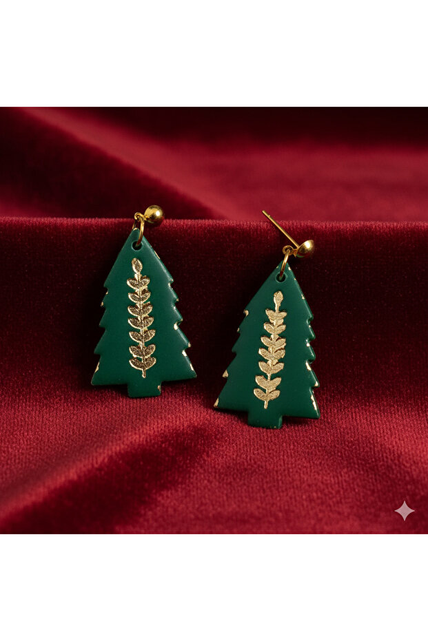 Forest Luxe – Handmade Pine Tree Earrings with Green Gold Detail | Polymer Clay | 5 cm