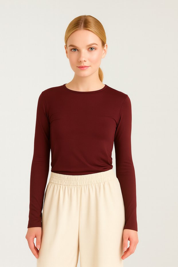 Soft Touch Women's Burgundy Round Neck Flexible Casual Blouse