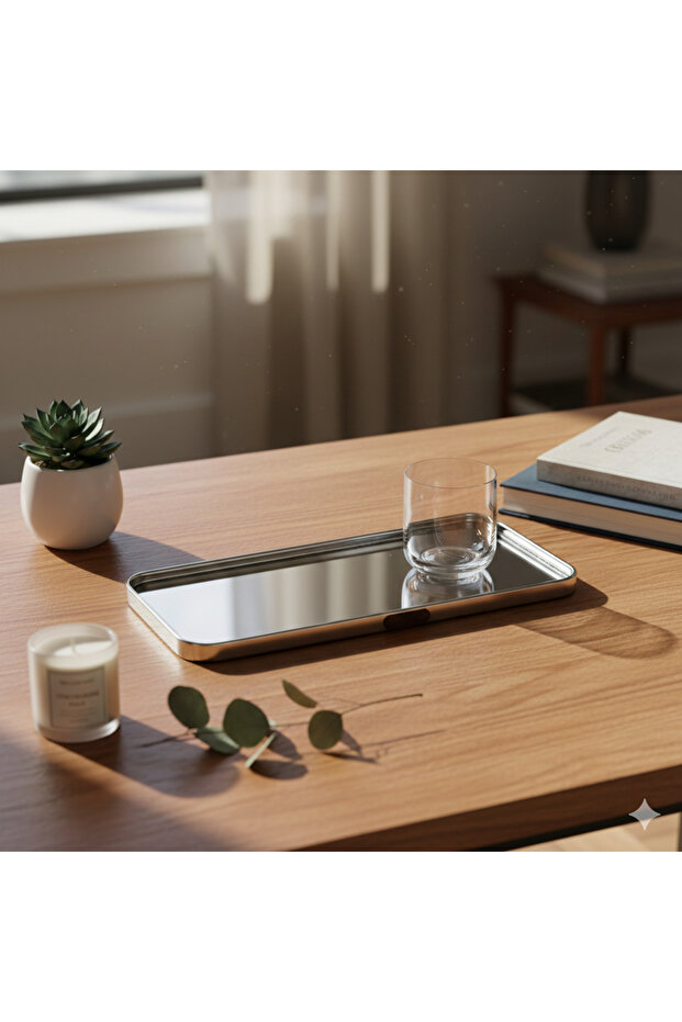 صينية تقديم ستيل مع مرآة مستطيل مقاس 40 سم - 1