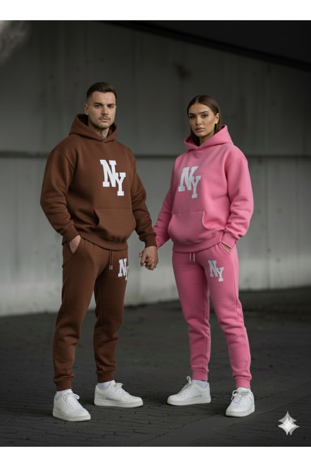 3 İplik Winter Ny B Printed Bottom and Top Set Couple Combination – Unisex Tracksuit Set