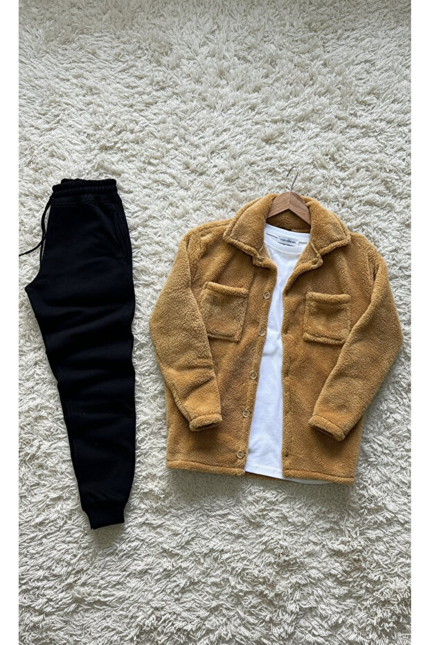 Trend, Men'S, Tan, Teddy Sherpa, Plush, Fleece, Jacket, Black, Jogger Sweatpants