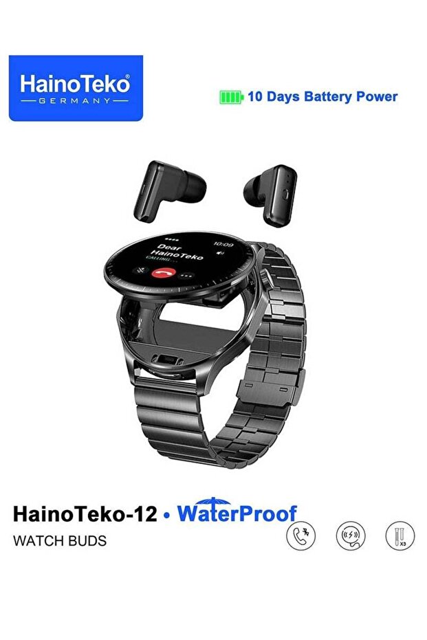 -12 Waterproof Smartwatch with Built-in Wireless Earbuds, AMOLED Display, 3 Straps, Black