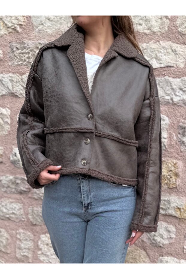 Brown Plush Striped 3 Button Leather Jacket