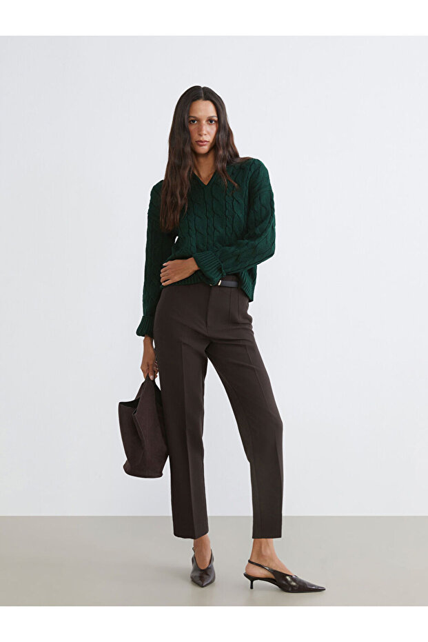 Brown Belted Slim Fit Women's Pleated Trousers