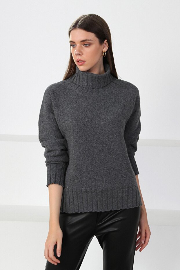 Anthracite Turtleneck Cashmere Long Sleeve Women's Knitwear Sweater