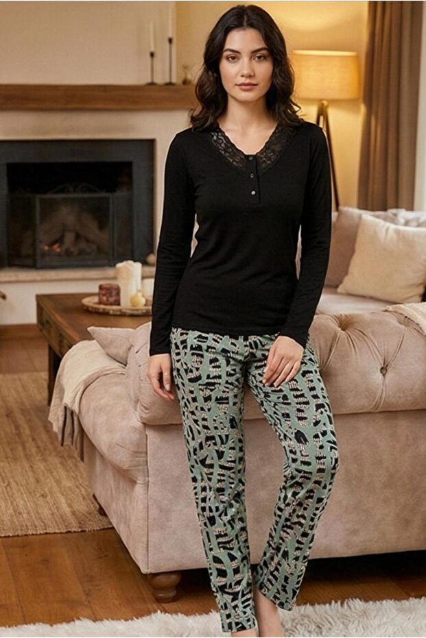 Long Sleeve Viscose Pajama Set Lace Detail Comfortable Casual Sleepwear Set