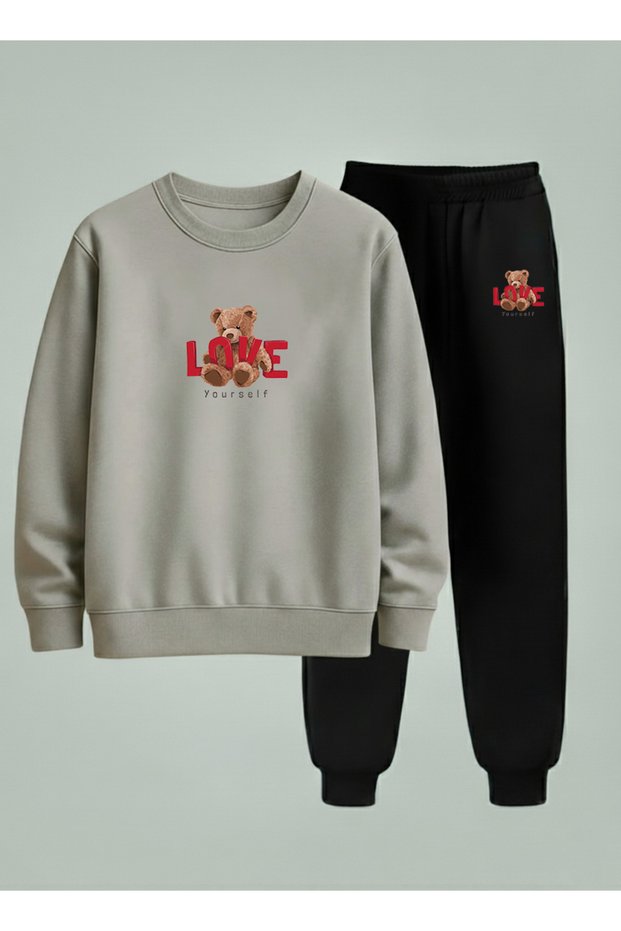 Printed Unisex Children's Sweatshirt - Tracksuit Set Crew Neck Bear Love Printed 3 Thread Raised