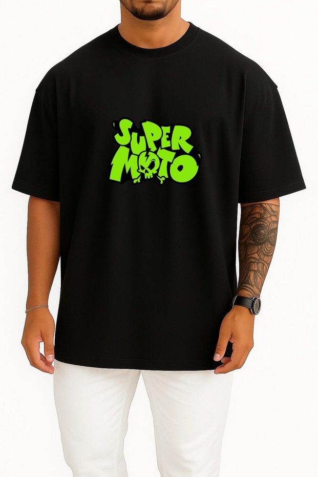 Oversized Super Moto Green Chest Printed Unisex T-Shirt
