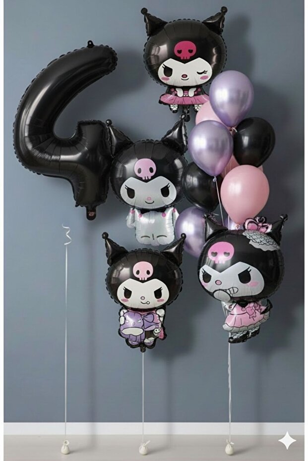 Kuromi Birthday Themed Balloon Set 4 Years Old Black Number Balloon + 4 Different Models Full + Set Balloon Bouquet