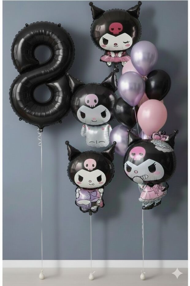 Kuromi Birthday Themed Balloon Set 8 Years Old Black Number Balloon + 4 Different Models Full + Set Balloon Bouquet