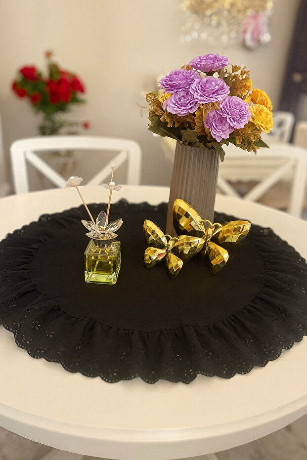 Ruffled Scalloped Duck Linen Decorative Cover Black (50cm)