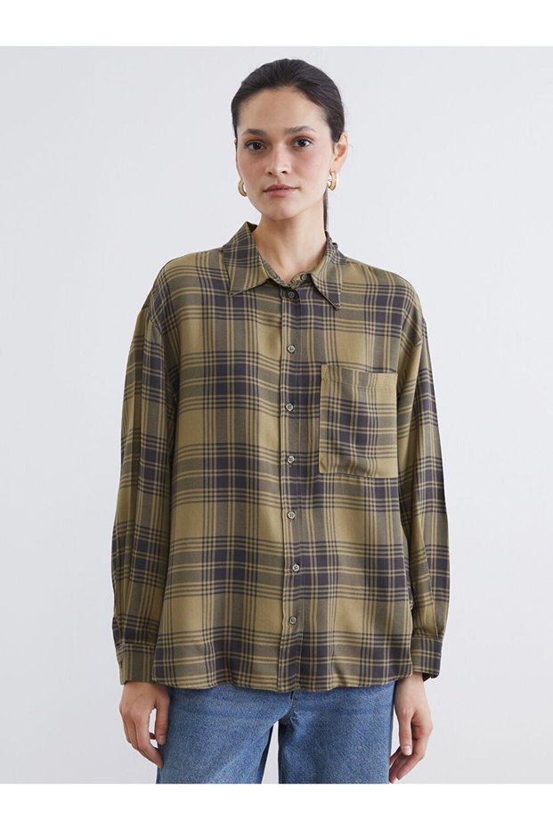 Checkered Embroidered Poplin Loose Fit Women's Shirt Tunic from Uzg Store for Style Enthusiasts