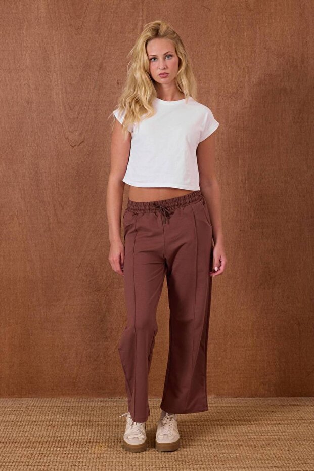 Women's piped Elastic Wide-Leg Pants with Lace-Up Waist