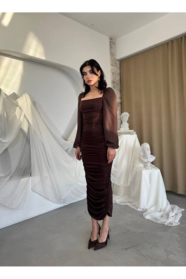 Şifon Kol Drapeli Sandy Elbise - 3