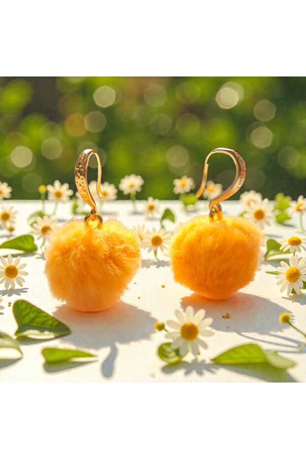 Orange Plush Pompon Earrings – Gold Color Embroidered Hook, Lightweight and Stylish Gift (1 Pair-Small)