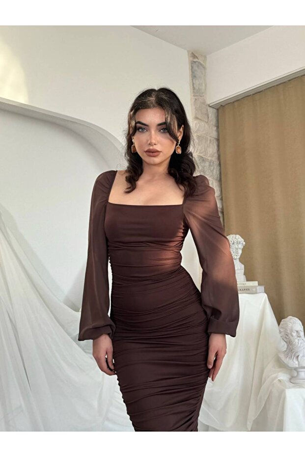 Şifon Kol Drapeli Sandy Elbise - 2