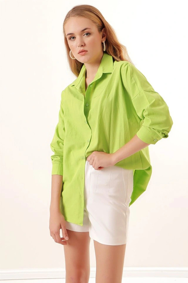 3900 Oversize Long Basic Shirt - Çağla - 2