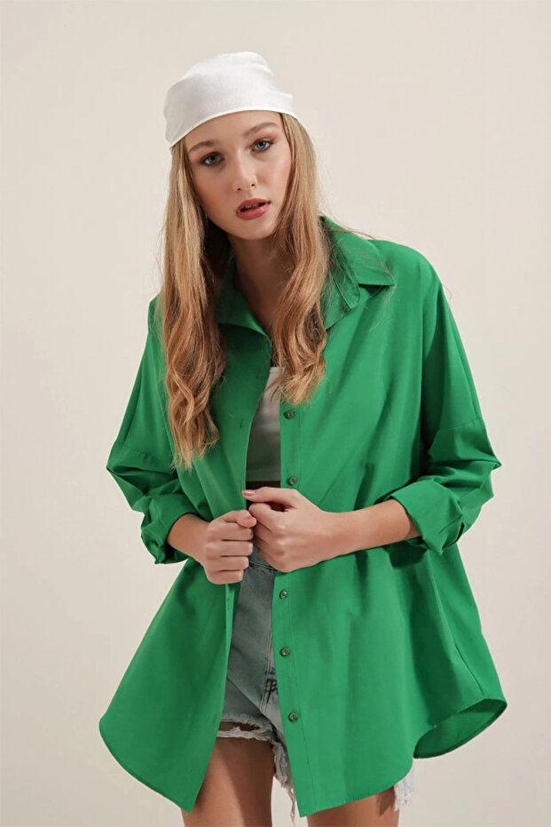 3900 Oversize Long Basic Shirt - Green - 2