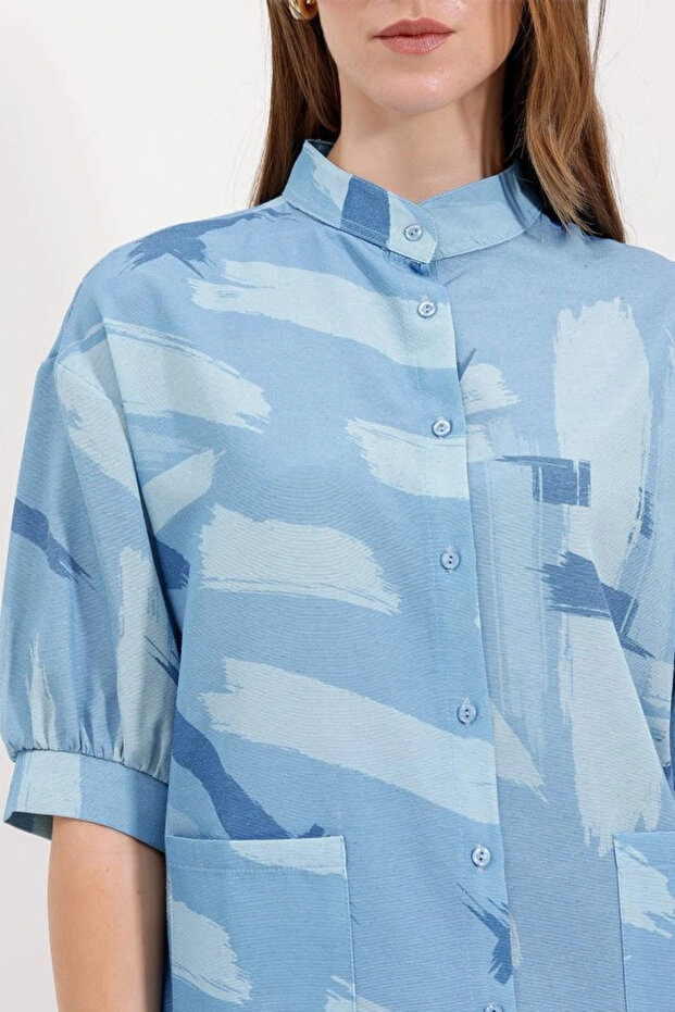 20226 Patterned Oversize Shirt - Blue - 4