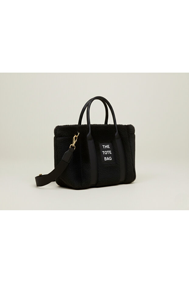 Women's Plush Black Tote Bag | Plush Shoulder and Strap Bag | 32X20X10 cm