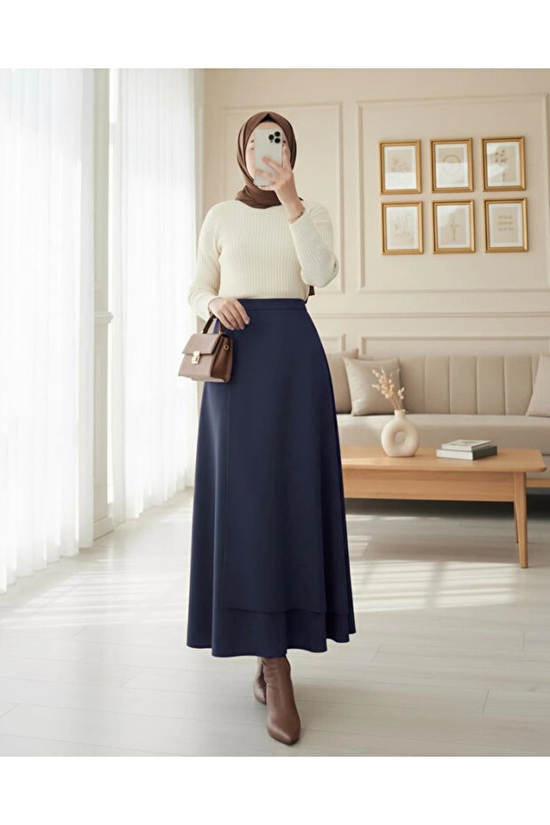 تنورة سكوبا بطبقة مزدوجة متقاطعة من الأمام - كحلي - 2