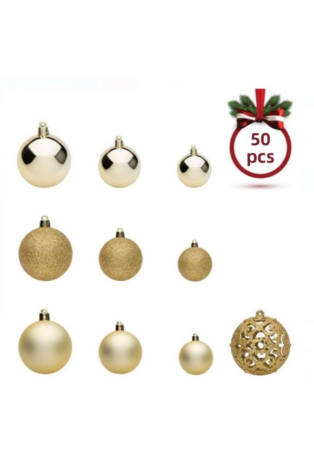 50Pcs Gold Color Glitter and Embroidered Christmas Tree Ball / Christmas Ornaments 3-4-6cm