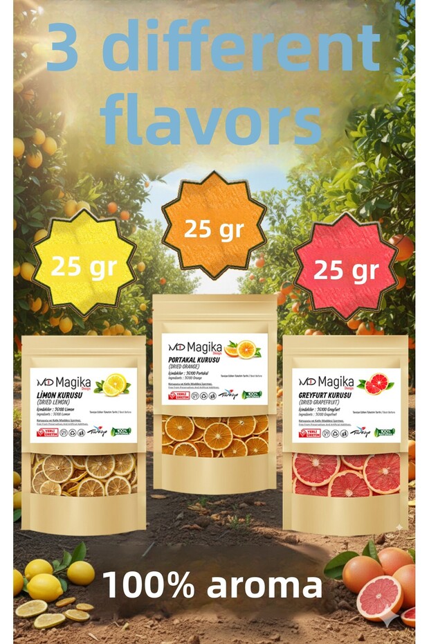 25 Gr Dried Lemon, 25 Gr Dried Orange and 25 Gr Dried Grapefruit, 1St. Grade, Freshly Dried