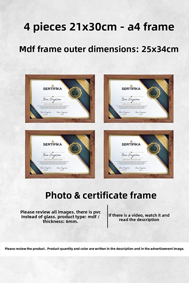 4 قطع إطار 21×30 - إطار MDF - إطار صور - إطار شهادة A4 - شهادة