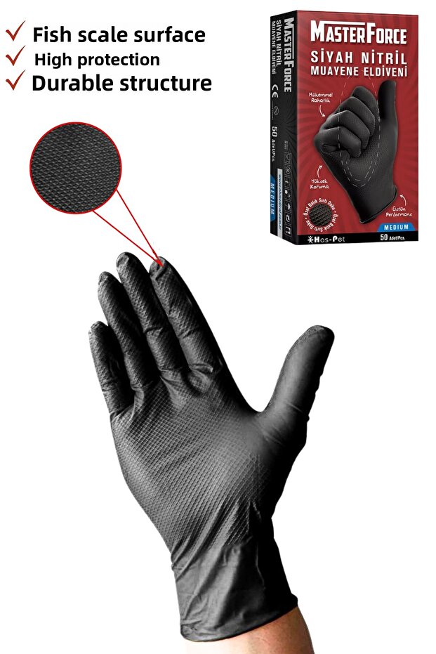 قفازات نتريل سوداء مقاس متوسط، 5 علب بها 50 قفازًا لكل علبة - 2