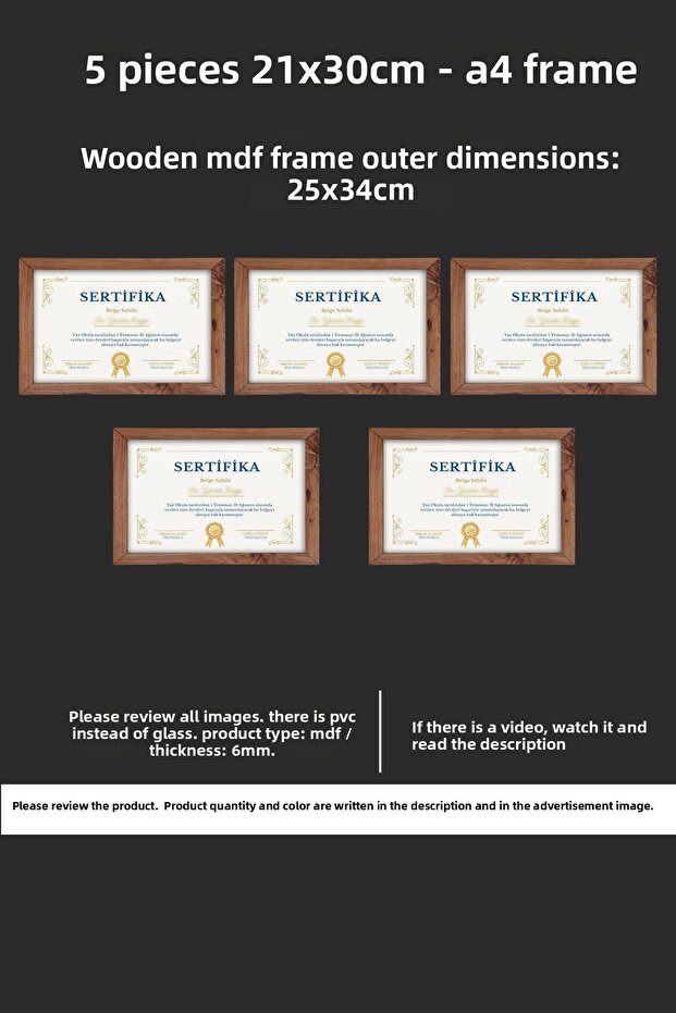 5 قطع إطار 21×30 - إطار MDF - إطار صور - إطار شهادة A4 - شهادة