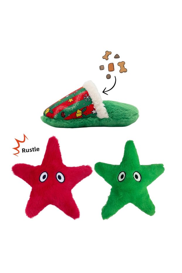 3-Piece Christmas Plush Dog Toy Set - Christmas Slippers - Red Star and Green Star