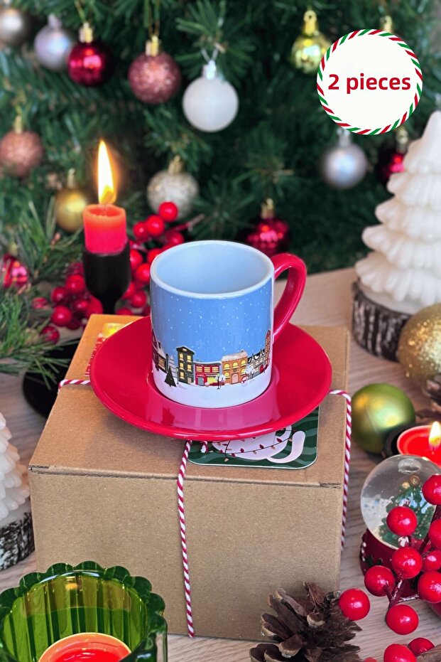 New Year Patterned Set of 2 Turkish Coffee Cups New Year Gift
