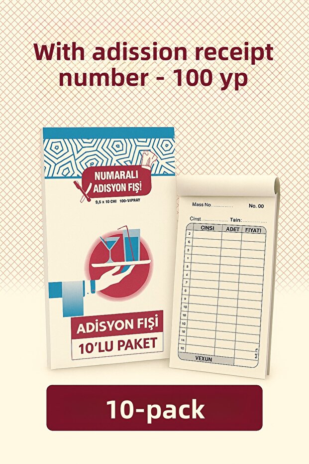 Receipt with Number – 100 Sheets | Waiter Slip – Restaurant Receipt – Pack of 10