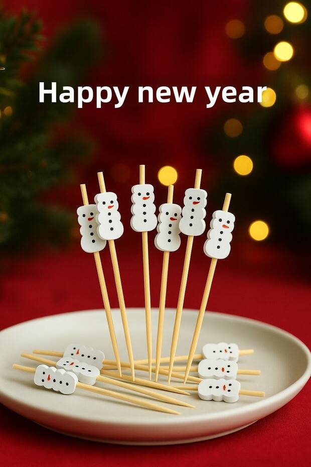 12 cm Bamboo Toothpicks with 50 Snowman Figures • New Year's Presentation and Party Decoration Set, Cocktail