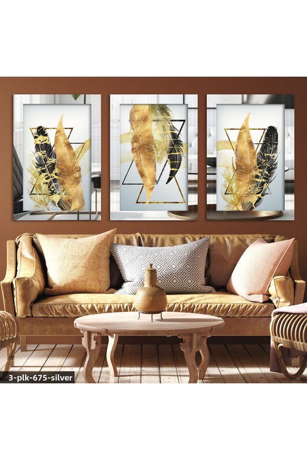 Triangle and Colored Feathers 3 Piece Silver Plexi Mirrored Table