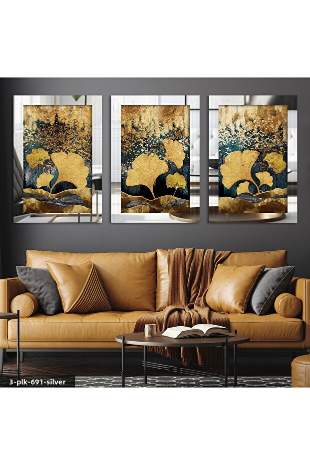 Gold Leaves 3 Piece Silver Plexiglass Mirrored Painting