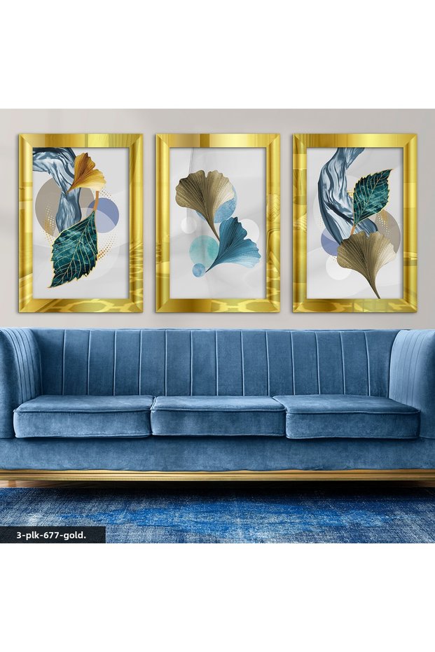 Wavy Lines and Colorful Leaves 3 Piece Gold Plexi Mirror Painting