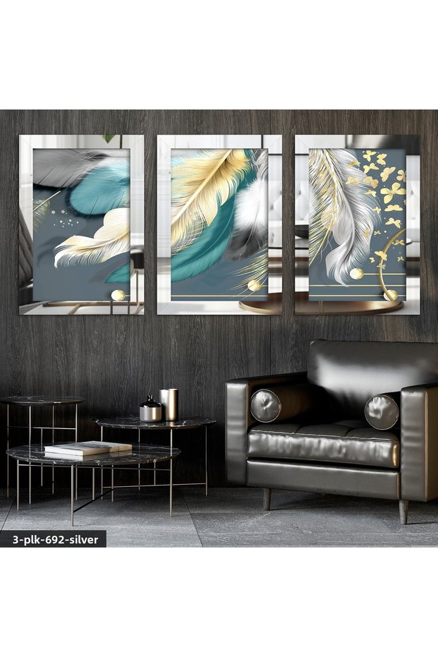 Butterfly and Colorful Feathers 3 Piece Silver Plexi Mirror Table