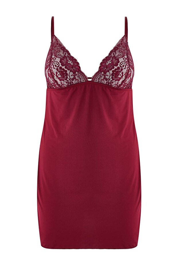 Koyu Vişne Pencere/Cut Out Detaylı İp Askılı Örme Büyük Beden Babydoll TBBAW25DH00000 - 2