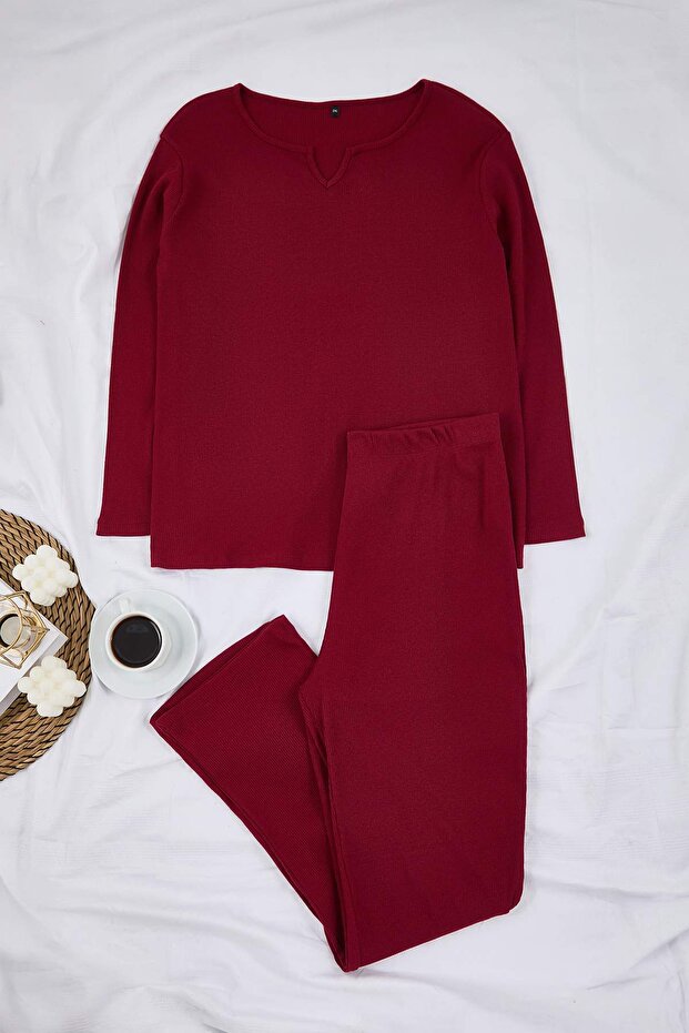 Bordo V Yaka Kaşkorse Örme Pijama Takımı TBBAW25AI00046 - 2