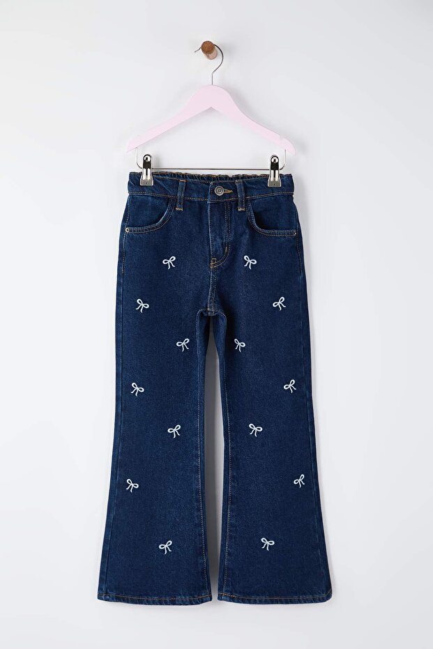 Koyu Mavi %100 Pamuk Nakışlı/İşlemeli Kız Çocuk Denim Jeans TKDAW26JE00011 - 2