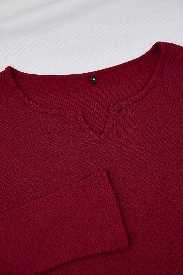 Bordo V Yaka Kaşkorse Örme Pijama Takımı TBBAW25AI00046 - 4